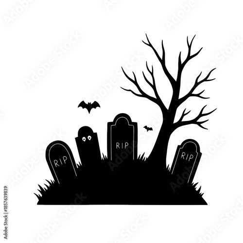 Silhouette of a spooky graveyard scene with gravestones, a bare tree, bats, and a ghost peeking out.