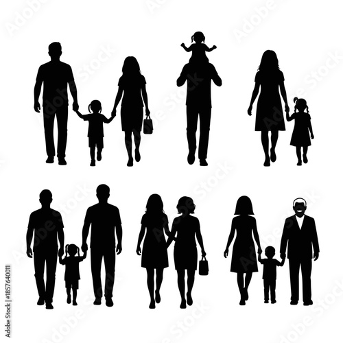 Diverse Family Silhouettes: Parents and Children Walking Together Vector Illustration Set