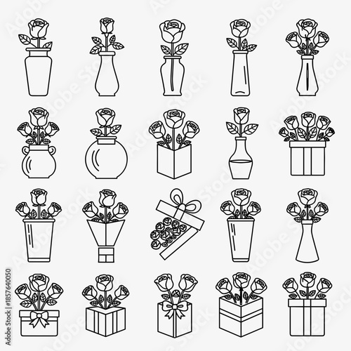 Collection of 20 Outline Rose Bouquets in Vases and Gift Boxes, Vector Icon Set