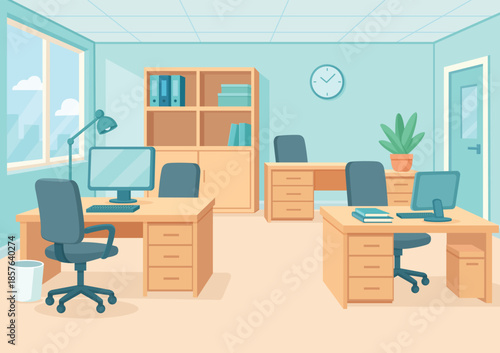 Cartoon Office Workspace Interior Background,  Office Room Background Cartoon Illustration