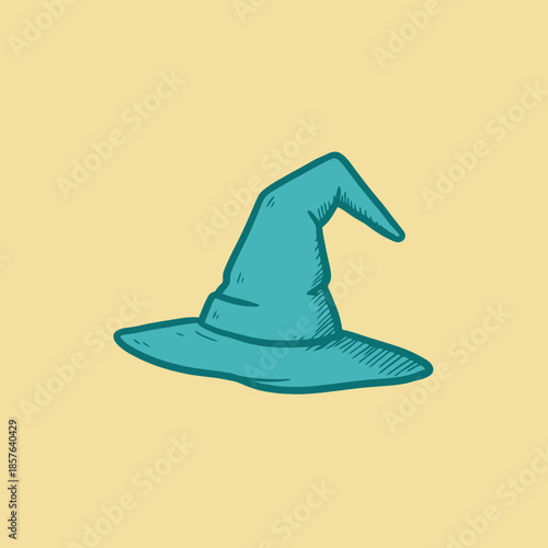 A simple hand-drawn illustration of a teal witch hat with a pointed top and wide brim, set against a plain light yellow background.