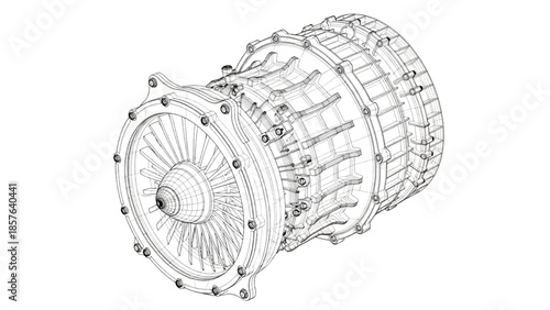 Gas Turbine Engine Wireframe CAD Assembly with Front Fan and Compressor Stages
