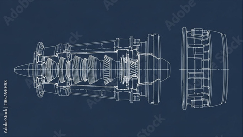 Gas Turbine Engine Blueprint Technical Drawing with Longitudinal Internal Section