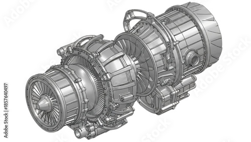 Gas Turbine Engine Assembly Technical Illustration Showing Compressor and Turbine Stages