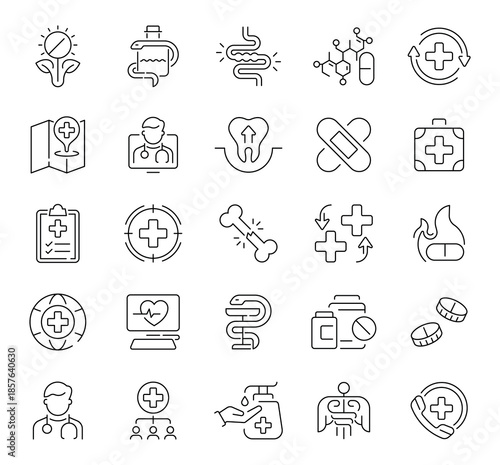 Medicine icons set. editable line icons in outline style, healthcare symbols