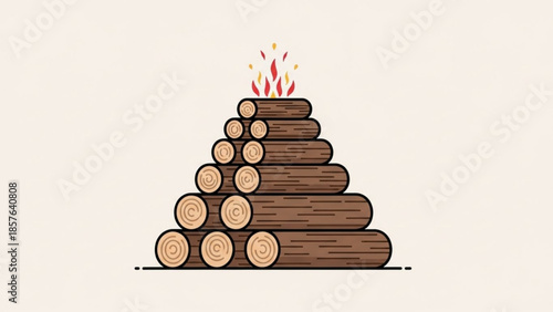 Stack of firewood with flames rustic illustration for camping and outdoor concepts simple flat design on a light background