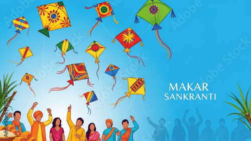 Colorful kites flying in a clear blue sky celebrating Makar Sankranti festival with people and sugarcane vector illustration for holiday design