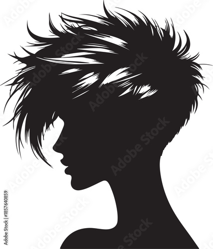 Silhouette of a woman's profile featuring a striking, voluminous, spiky short haircut, embodying a modern and edgy fashion style.