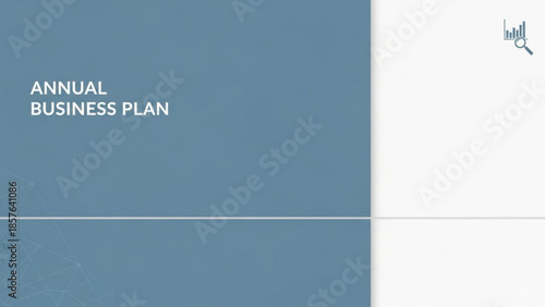 Annual business plan cover page with minimalist design featuring text and a small graph icon for corporate strategy and financial presentation