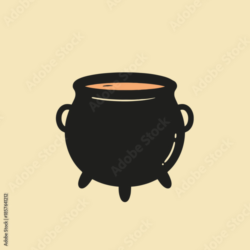 A simple cartoon illustration of a black cauldron filled with a light orange liquid, featuring two handles and three small legs on a plain background.
