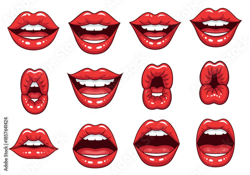 Diverse vector collection of bright red lips showcasing various expressions and emotions.