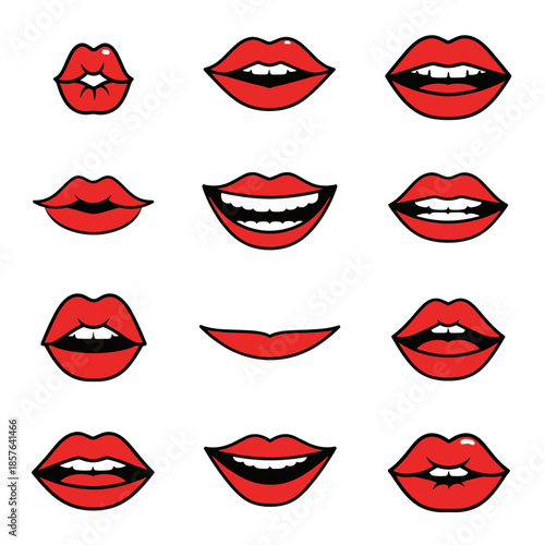 Set of line art red lips showcasing various expressions and emotions, pop art style.