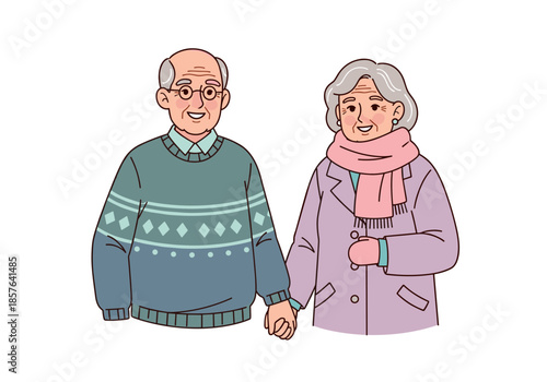 Illustrated senior couple holding hands, a happy elderly man and woman in warm clothes.