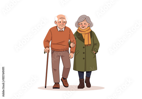 Illustrated senior couple walking with a cane, happy elderly man and woman arm in arm.