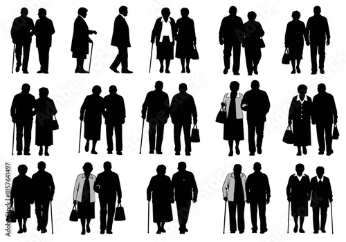 Diverse silhouettes of elderly couples walking, senior men and women with canes, various poses.