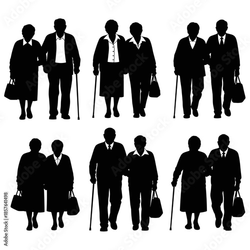 Silhouettes of elderly couples walking, senior men and women with canes and bags.