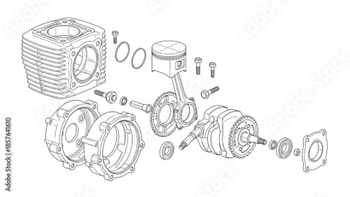Two-stroke internal combustion engine exploded view, mechanical piston engine parts technical illustration