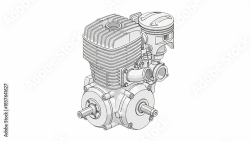 Two-stroke internal combustion engine assembly view, mechanical piston engine technical illustration