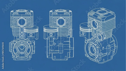 Two-stroke internal combustion engine blueprint drawing, industrial piston assembly technical engineering illustration