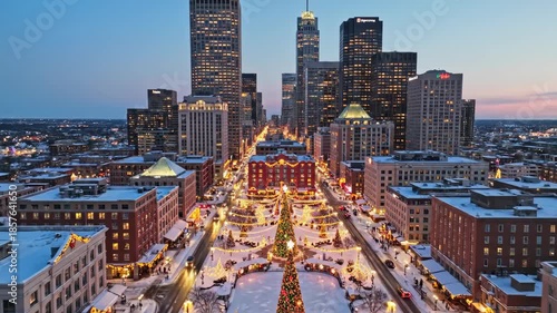 Denver Colorado Cityscape Winter Evening Lights Buildings Snow Scenery.
