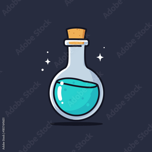 Cartoon illustration of a magical potion bottle with glowing blue liquid and cork stopper on a dark background.