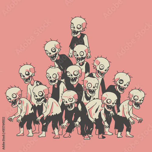 A large group of stylized cartoon zombies with big eyes and open mouths, standing on a pink background.