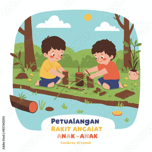 Two young boys are happily playing outdoors by a stream, building small rafts from sticks and logs, enjoying a creative nature adventure.