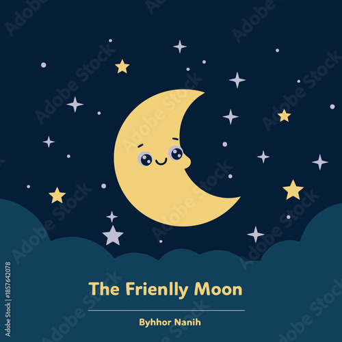 A cute friendly crescent moon with a smiling face surrounded by twinkling stars in a dark blue night sky, with a dark cloud line at the bottom.
