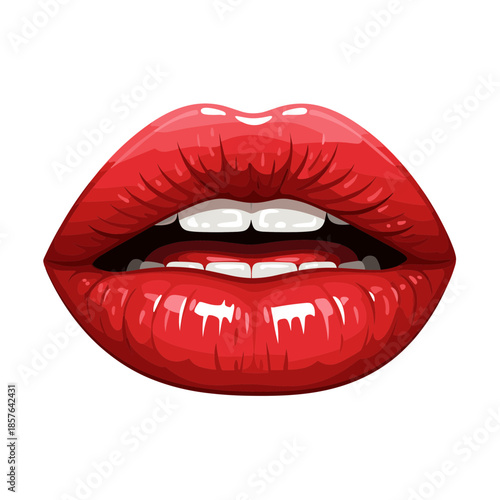 Vibrant Red Glossy Lips Open with White Teeth Illustration, Sensual Modern Beauty and Cosmetic Design