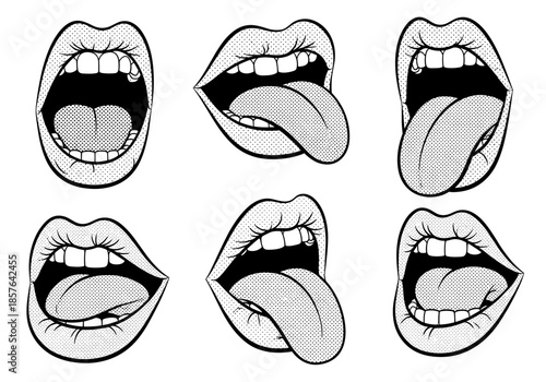 Set of Six Pop Art Open Mouths with Tongues Out, Black and White Halftone Style Vector Illustrations