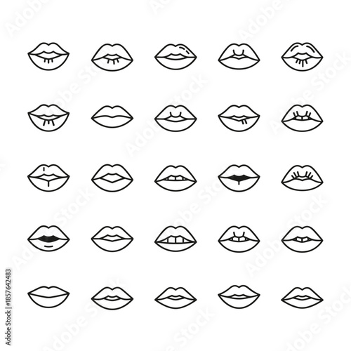 Set of Minimalist Outline Lip Icons, Various Mouth Shapes and Expressions Vector Collection