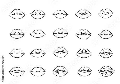 Collection of Outline Lips Vector Icons with Different Poses and Expressions, Line Art Style