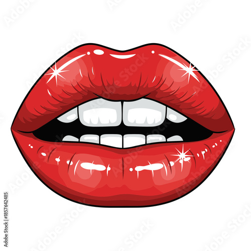 Glossy Red Lips with Sparkling Highlights and White Teeth, Pop Art Style Vector Illustration