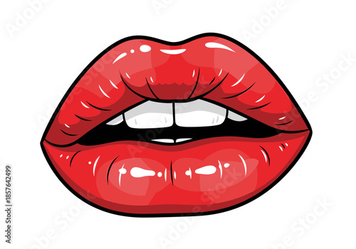 Open Red Glossy Lips with White Teeth Vector Illustration, Modern Sensual Beauty and Makeup Design
