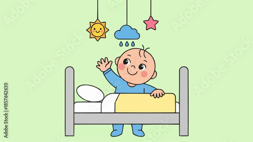 Happy baby waving from crib with mobile above.