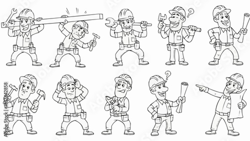 Cartoon Construction Workers in Various Poses, Outlined.
