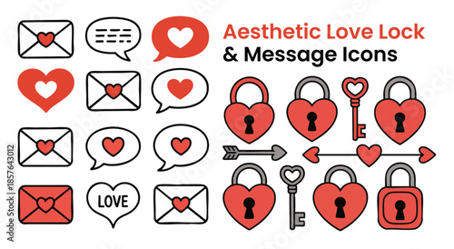 Aesthetic Love Lock and Message Icons: A Collection of Heart-Shaped Locks, Keys, Envelopes, and Speech Bubbles