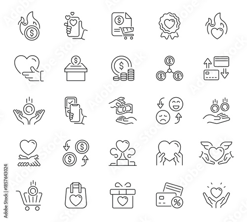 Donation and charity icons set. editable line, outline, fundraising symbols