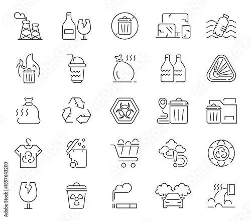 Waste management icons set. editable line icons, recycling, and eco symbols