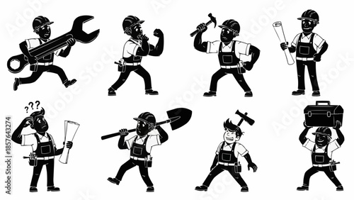 Construction Worker Silhouettes with Tools and Blueprints.