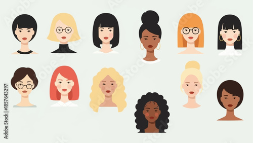Diverse Group of Women Faces with Different Hairstyles and Features.