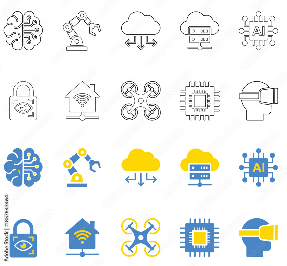 Obraz premium Modern Artificial Intelligence and Future Technology Vector Icon Set Line and Flat Style 