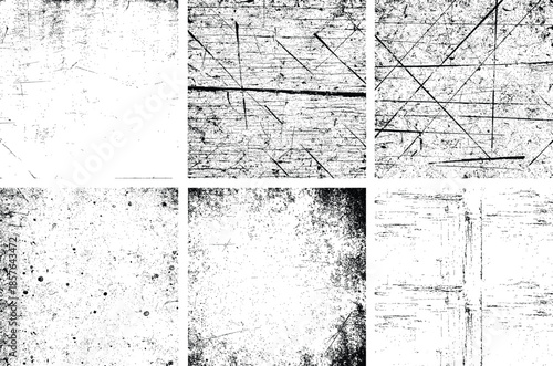 Six different black and white textured square designs isolated on transparent background