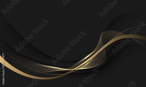 Abstract golden ribbon wave curve overlap on black papercut shadow style design modern luxury background vecto