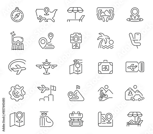 Travel and tourism icons set. editable line icons, linear, vacation symbols