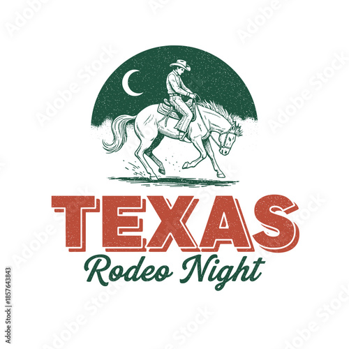 Texas rodeo night with a cowboy riding a horse under the moon