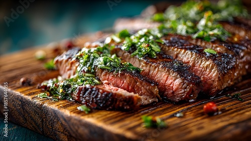 Delicious grilled flank steak sliced on a rustic wooden cutting board topped with fresh green herbs and chimichurri with rich textures visible.