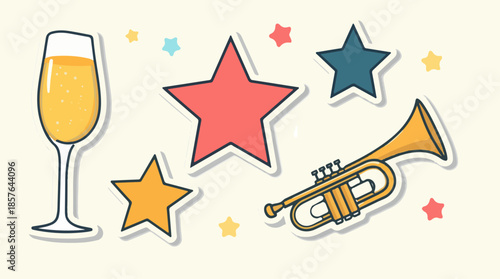 Vector template of a set of champagne glass, star, and trumpet-shaped stickers in a flat design style, featuring bold lines, minimalist details, and a vibrant colour