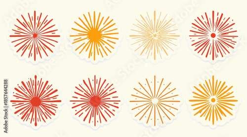 Vector illustration template of a set of stickers featuring fireworks in a flat design style with bold lines and bright vibrant colors, including shades of red,