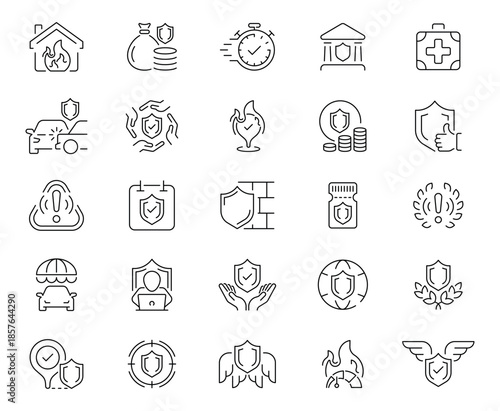 Insurance icons set. editable line icons, outline, protection, safety symbols
